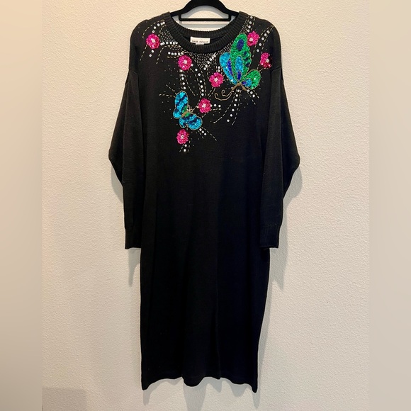 Vintage 80s Black Knit Sweater Dress Vibrant Sequin Butterflies Flowers Size 16 - Picture 2 of 6